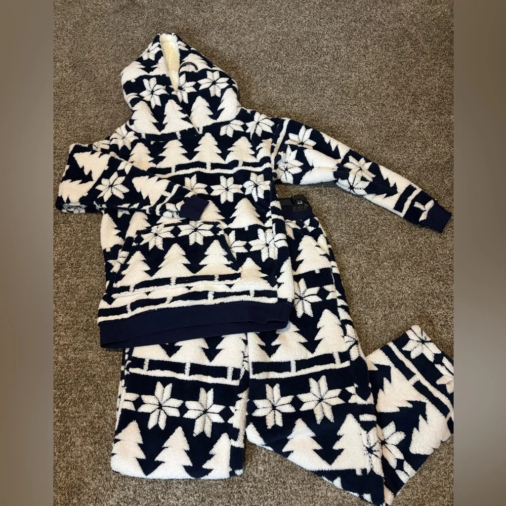 Vera Bradley Jacquard Fleece Hoodie Pant Set Navy White Nordic Forest Pajamas